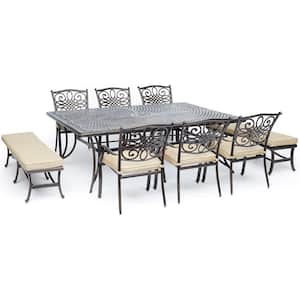 Traditions 9-Piece Aluminum Outdoor Dining Set with Tan Cushions 6-Chairs 2-Benches and Cast-Top Dining Table