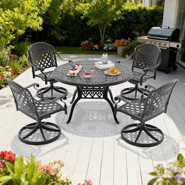 Black 5-Piece Cast Aluminum Patio Outdoor Dining Set with 4 Swivel Rockers with Red Cushions and 48.03 in. Round Table