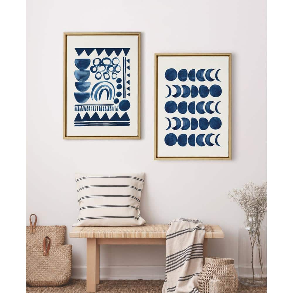 Sylvie Moon Phases Blue Abstract Canvas Art with Gold Frame