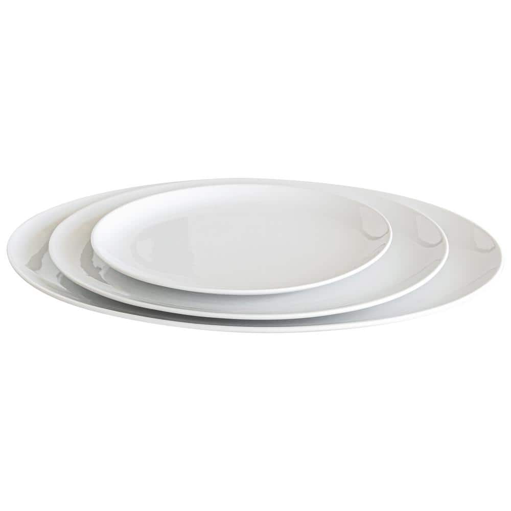Over and Back 20 in. White Porcelain Oval Platters with 3Sizes (Set of