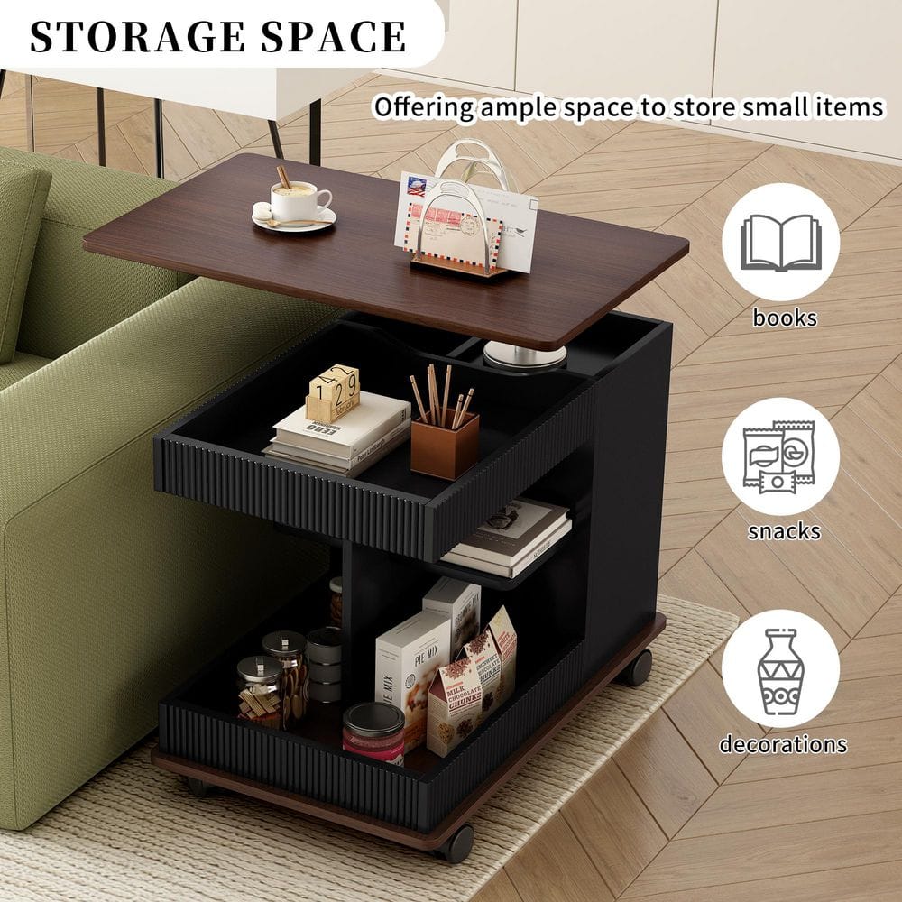 White and Brown 17.7 in. Rectangle Wood Modern End Table with Wheels, 360°Rotating Top Sofa Side Table - thumbnail 6