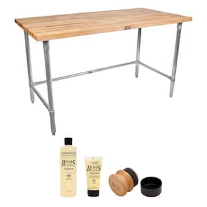 60 in. Maple Wood Work Kitchen Prep Table with Steel Base and Board Maintenance Set, Natural
