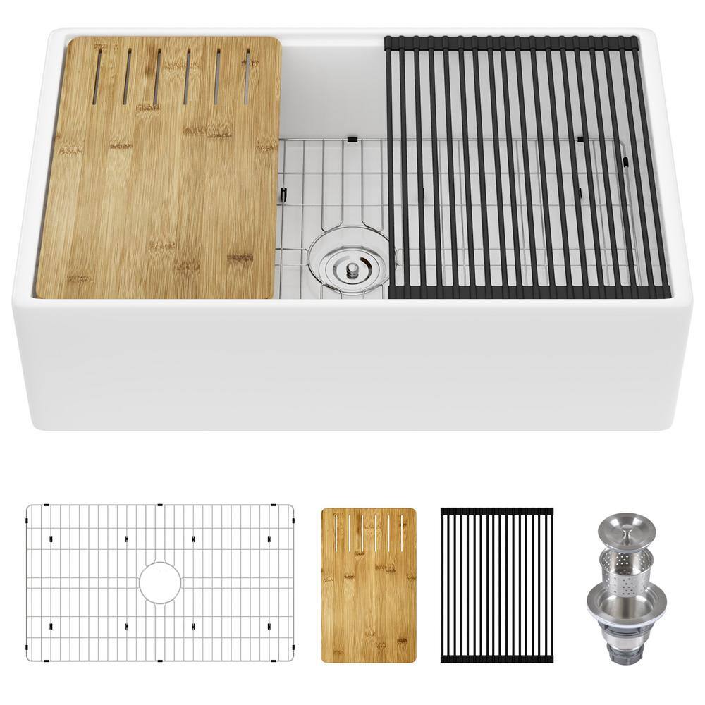 33"L x 20"W Farmhouse Kitchen Sink Deep Single Bowl Fireclay Workstation Sink with Cutting Board and Dish Drying Rack