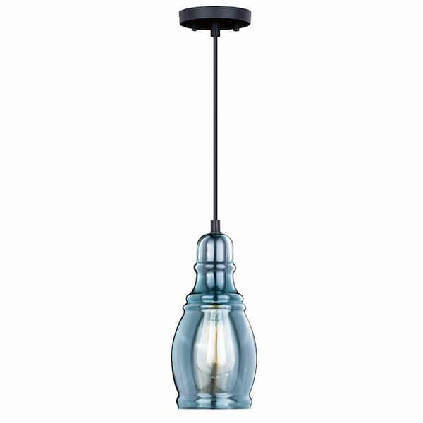Millie 1-Light Oil Rubbed Bronze Shaded Farmhouse Jar Mini Pendant Ceiling Light Smoke Blue Glass