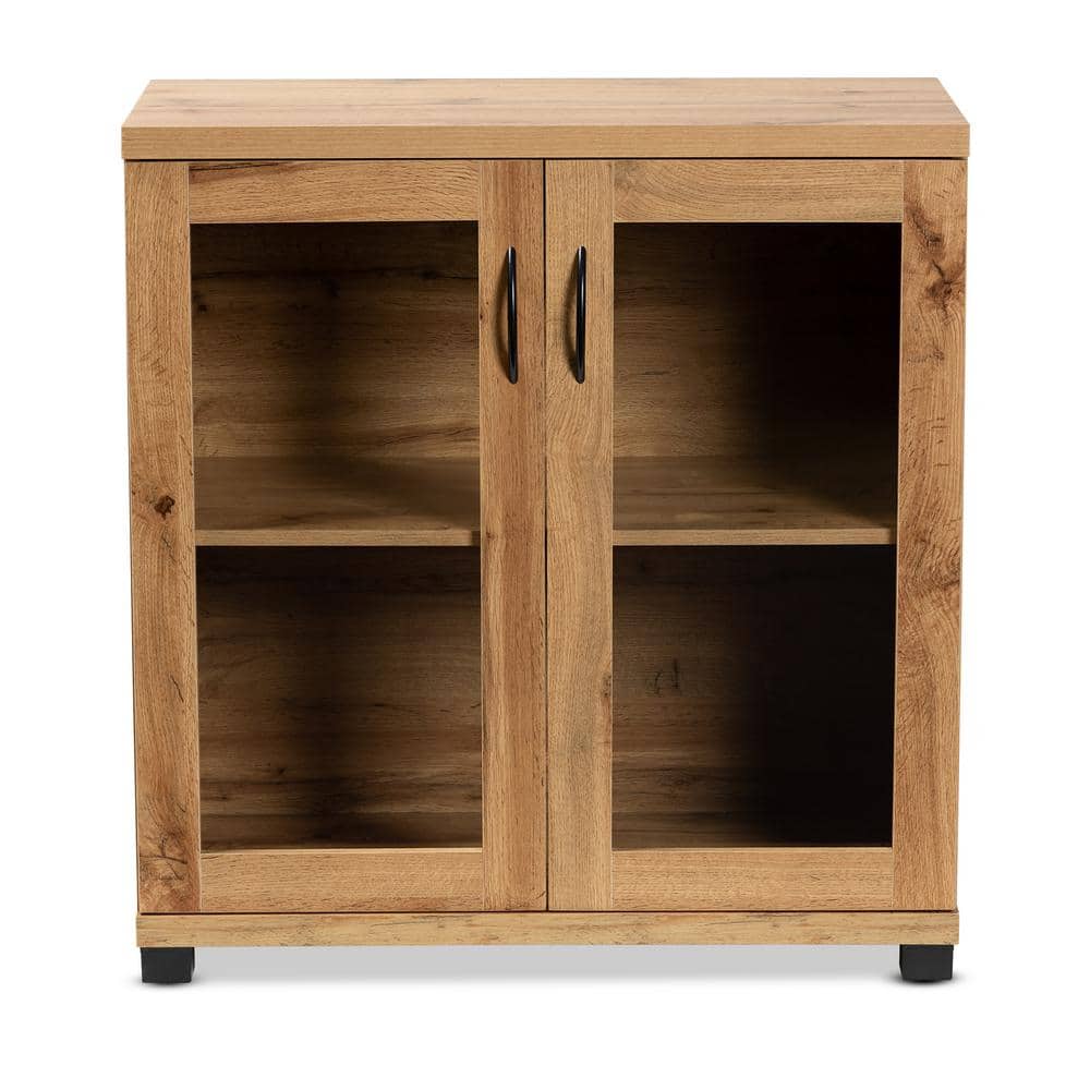 Zentra Oak Brown Wood 2-Door Glass Display Storage Cabinet