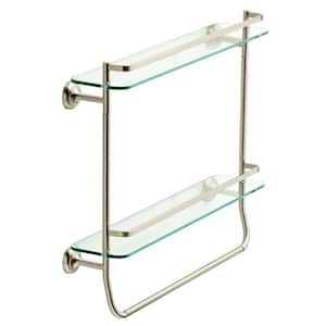 Decorative Bath Storage 18 in. Double Glass Shelf with Towel Bar in Brushed Nickel