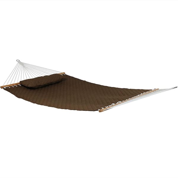 Sunnydaze 10-1/2 ft. Quilted Double 2-Person Hammock with Spreader Bars and Pillow in Brown
