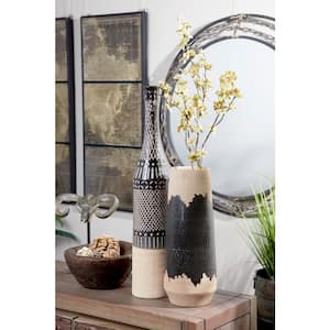 17 in. Black Porcelain Ceramic Decorative Vase with Terracotta Details