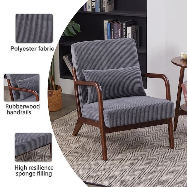 28.74 in. Dark Gray Fabric Arm Chair with Pillow, Solid Rubberwood Frame for Living Room Bedroom