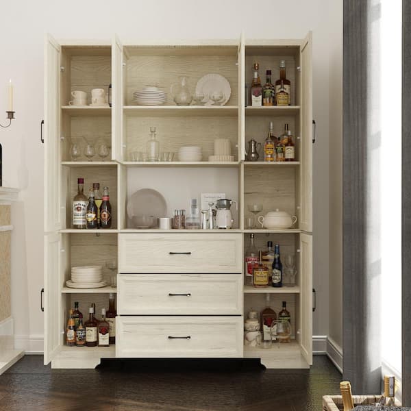 Light Oak Wood 63 in. Pantry Cabinet with 13 Shelves, 3 Drawers and Tip-Resistant Hardware