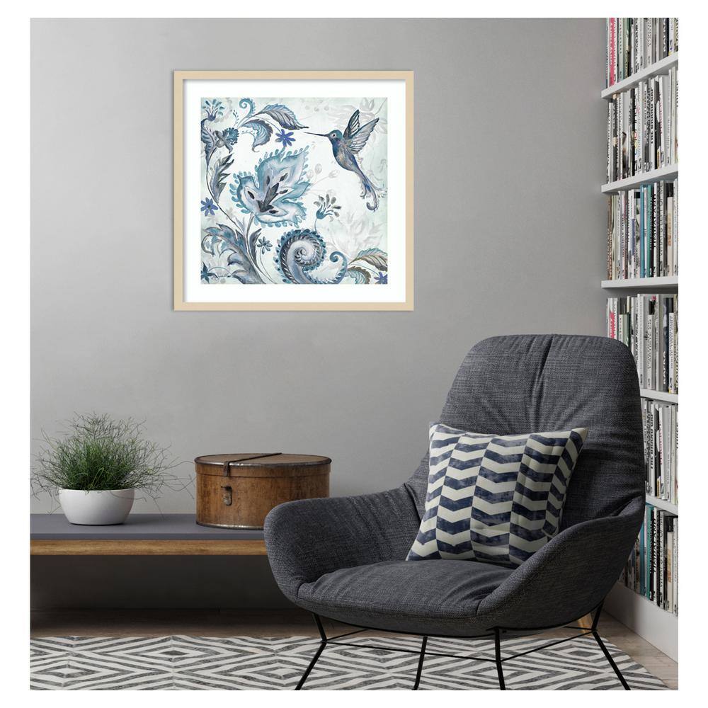 Watercolor Boho Blue Hummingbird Graphic Art in Natural Wood Frame