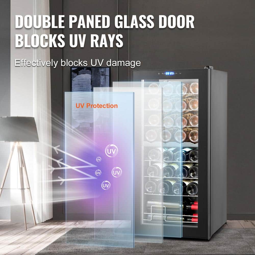32-Bottle Black Dual Zone Freestanding Wine Cooler with Glass Door