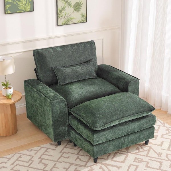 Oversized Dark Green Chenille Soft Single Sofa Arm Chair with Ottoman and 1-Lumbar Pillow for Bedroom and Living Room