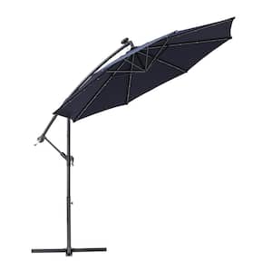10 ft. Aluminum Pole Market Solar Light No Tilt Banana Hanging Patio Umbrella with Cross Base in Navy Blue