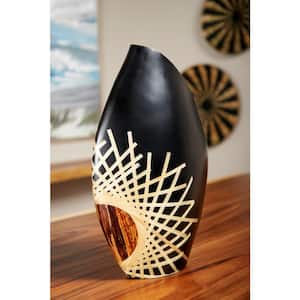 18 in. Black Glazed and Bamboo Inlay Banana Wood Decorative Vase with Exposed Bark Detail