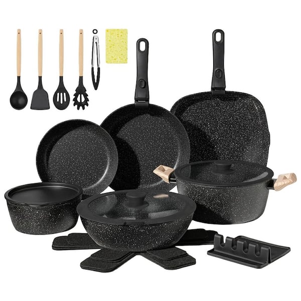 23 Piece Non Stick Ceramic Cookware Set Black Finish Induction Safe Space Saving Detachable Handle Oven Dishwasher