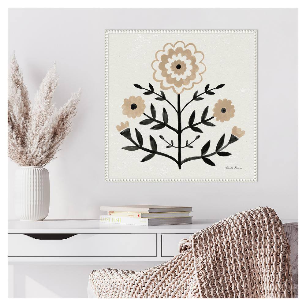 Garden Folk Flowers I Beige and Black Canvas Wall Art with White Frame