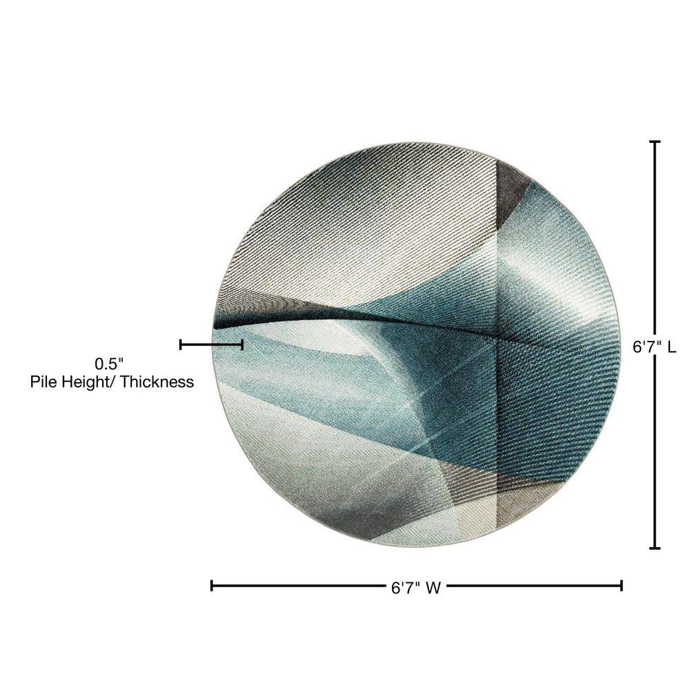 Grey and Teal Abstract Round High Pile Area Rug