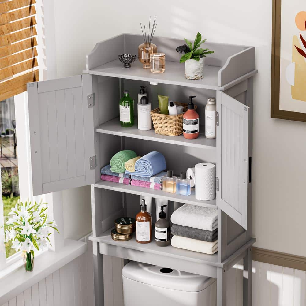 Gray Adjustable Over-the-Toilet Storage Cabinet with Doors