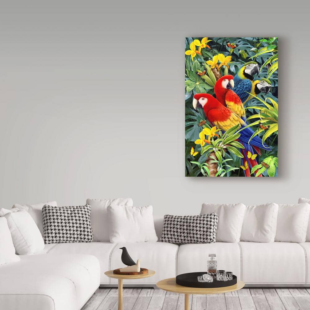 Colorful Parrots in Tropical Flowers Canvas Art