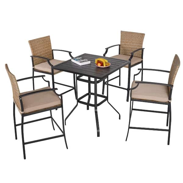 Outdoor Dining Set With Khaki Cushions, Bar Height Outdoor Chairs And Table