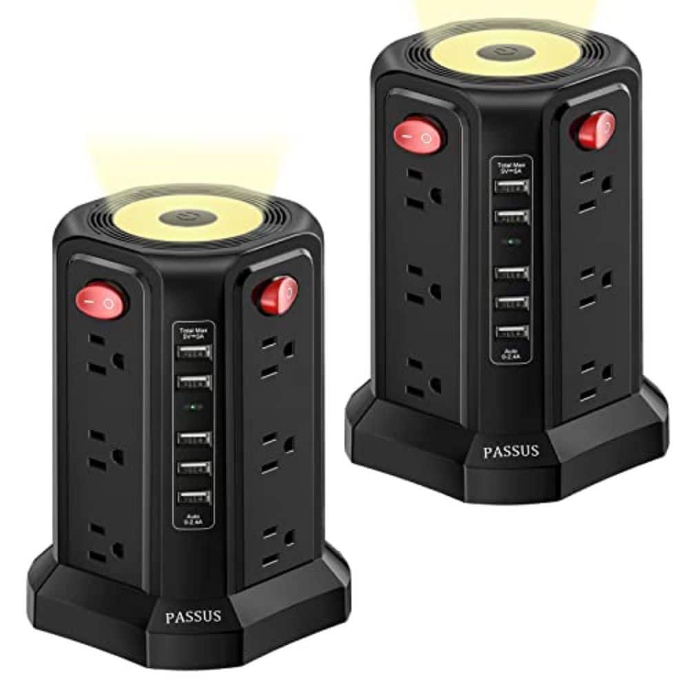 10 ft Black Surge Protector Power Tower with USB Ports and Night Light, 12-Outlet Extension for Home Office Dorm Room price history on PriceWatchPro