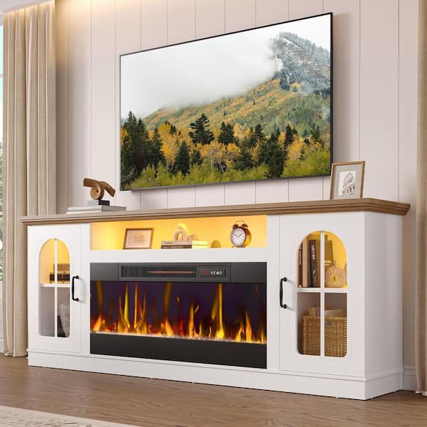 70 in. Freestanding Wood Electric Fireplace TV Stand with LED Lights and Arched Glass Door Cabinets in White&Walnut