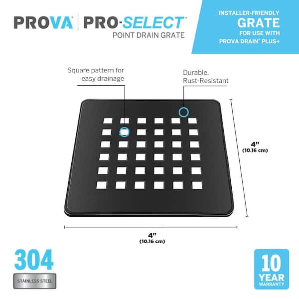 4 in. W x 4 in. L Prova Pro-Select Shower Kit Drain Grate-Square-MBLK