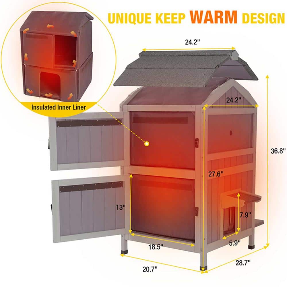 Two-Storey Gray Wooden Insulated Outdoor Cat House
