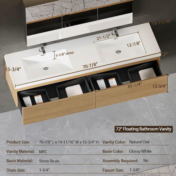 Abruzzo 72 in. Wall-Mounted Bath Vanity Double Sink Floating