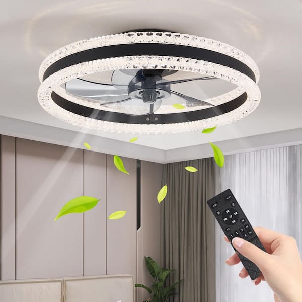 Virella 20 in. LED Indoor Black Crystal Bladeless Low Profile Ceiling Fan Flush Mount Smart App Remote Control, Dimmable