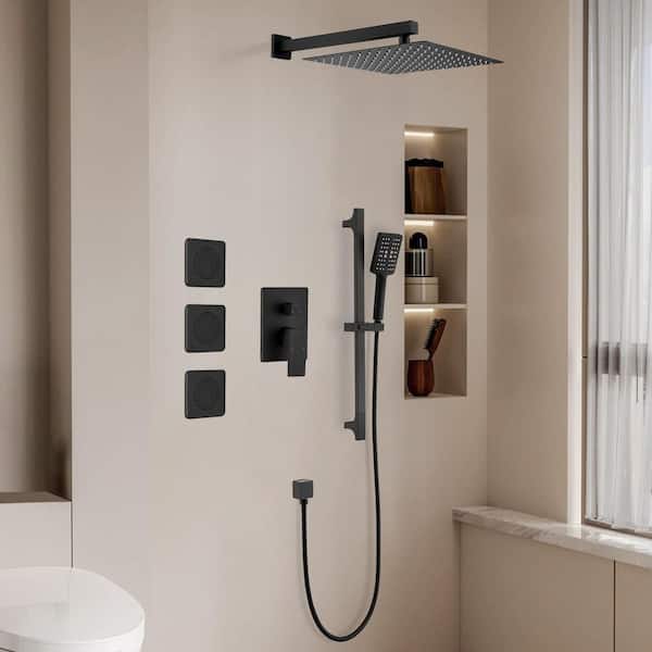 Satico 1-spray 11.8 in. Wall-Mounted Dual Fixed and Handheld Shower Head 2.5 GPM with Slide Bar, Body-Sprays in Matte Black