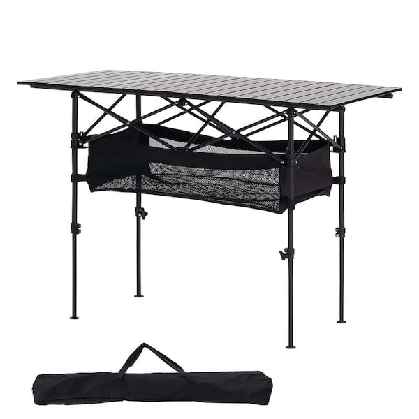 Folding Camping Table Black Portable Roll Up Side Tables Aluminum Beach Table with Adjustable Height For Travel