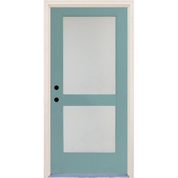 Builders Choice 36 in. x 80 in. Elite Surf Satin Etch Glass Contemporary 2 Lite Painted Fiberglass Prehung Front Door with Brickmould