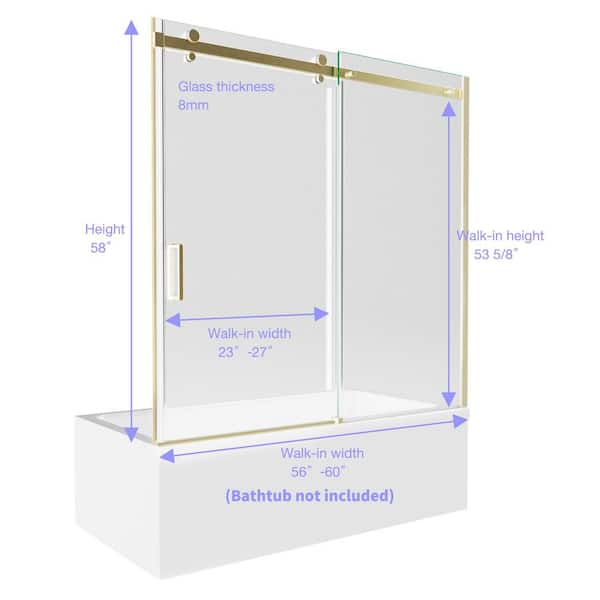 56-60 in. W x 58 in. H Sliding Semi Frameless Tub Door in Chrome with Clear Glass