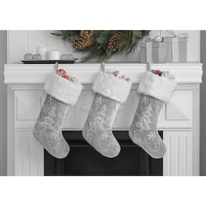 20 in. Silver Velvet Tree Christmas Stocking with Linen Christmas Embroidery (3-Pack)