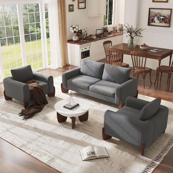 Noble House Denton 3-Piece 74.2 in. Boucle Fabric Upholstered Rectangle Sectional Sofa Set in Grey With Solid Wood Legs, Seats 4