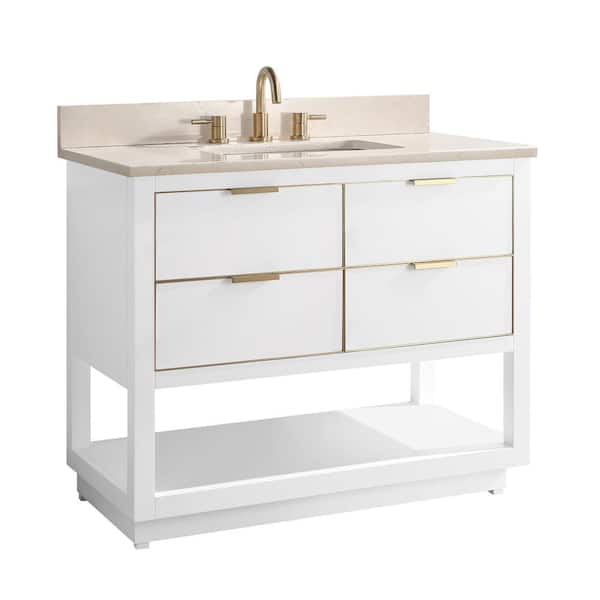 Allie 43 in. Single Sink White with Gold Trim Bath Vanity with Crema Marfil Marble Top