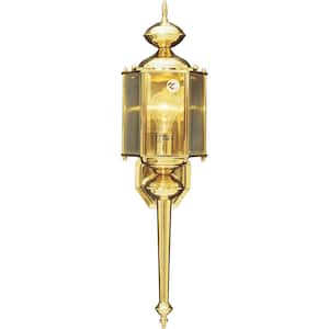 Mini 1-Light Polished Brass Indoor/Outdoor Lamp/Lantern/Coach Light Wall Mount Sconce with Clear Beveled Glass Panes