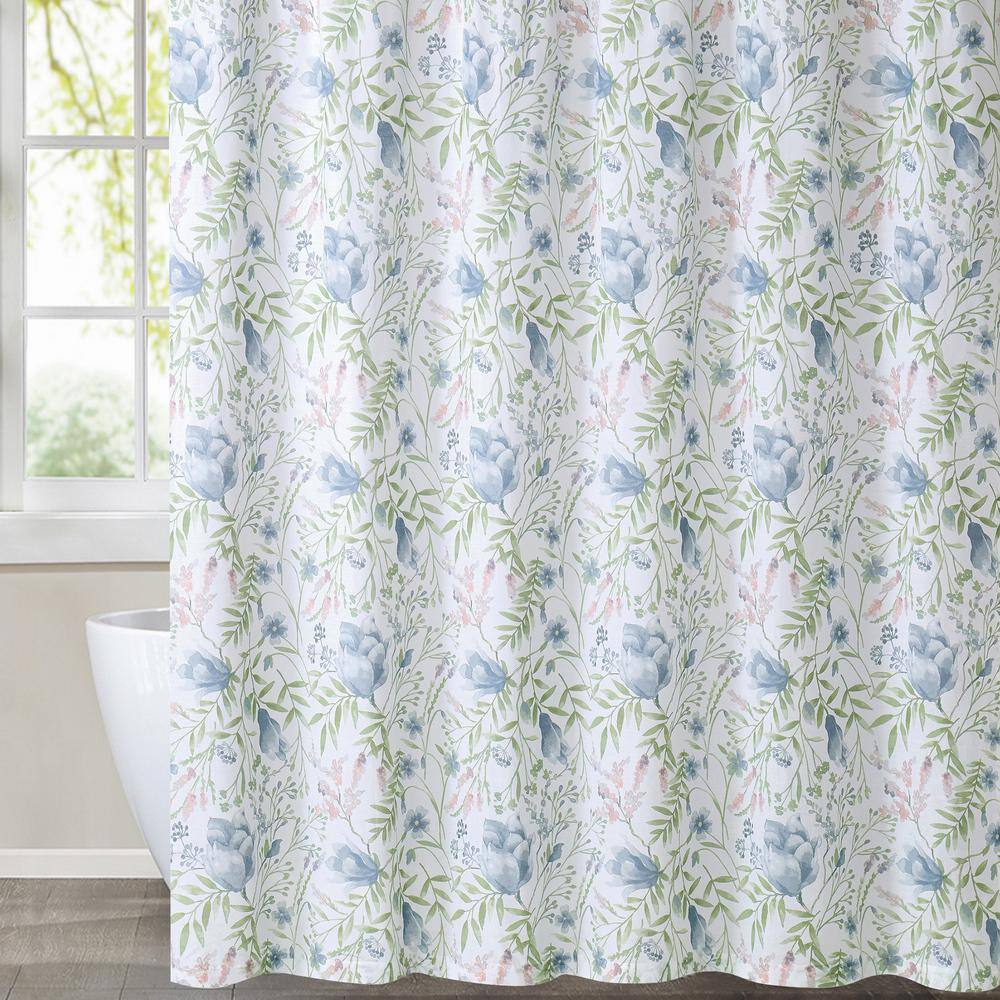 Cottage Floral Blue and Green Cotton Shower Curtain