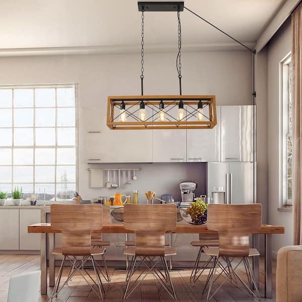 Zompoo 31.5 in. 5-Light Plug in Pendant Light with Wood Rectangle Shade, Adjustable Height Chandelier for Kitchen Island