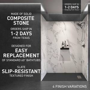 60 in. L x 32 in. W x 84 in. H Solid Composite Stone Shower Kit w/ Carrara Walls and L/R Graphite Slate Shower Pan Base