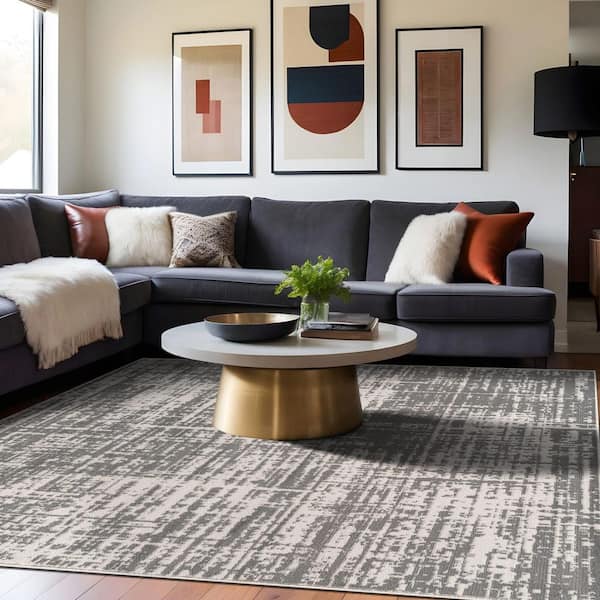 Atlas Gray 9 ft. x 12 ft. Rubber Back Washable Modern Canvas Indoor Outdoor Area Rug