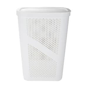 60 Liter White Perforated Plastic Laundry Hamper with Lid Dirty Clothes Storage