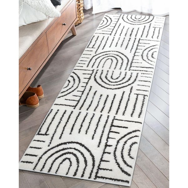 Ivory Black 2 ft. x 7 ft. 3 in. Runner Feliz Boho Rainbow Modern Geometric Shag Area Rug