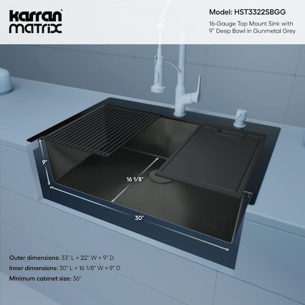 Karran Matrix 33 in. Drop-In Single Bowl 16-Gauge Gunmetal Grey