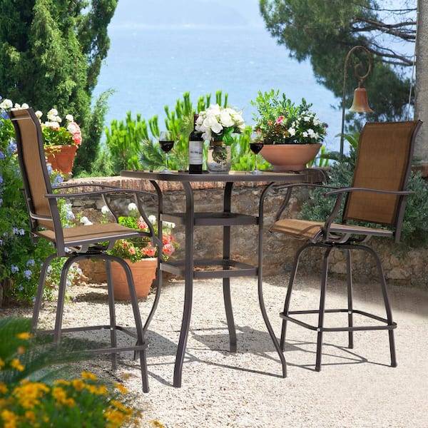 3-Piece Black Steel Frame Outdoor Patio Bar Set with Brown High Swivel Bistro Chairs