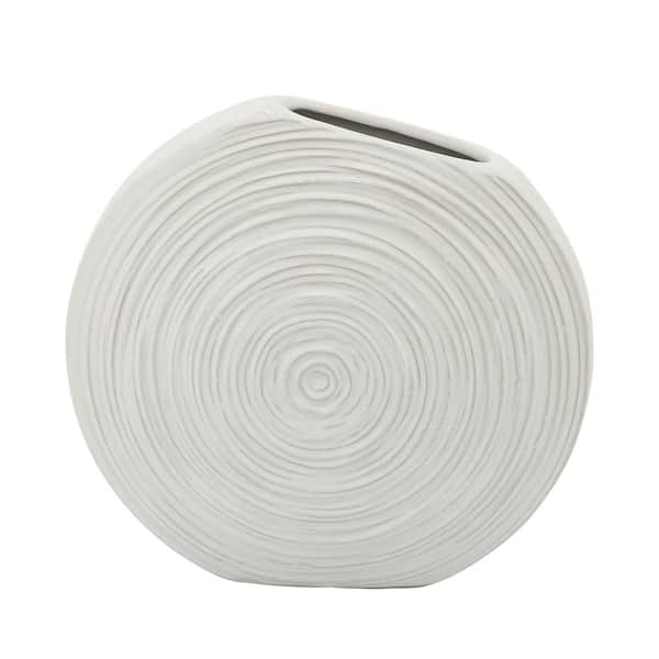 Liv & Skye 11 in. White Ceramic Oval Swirled Decorative Vase