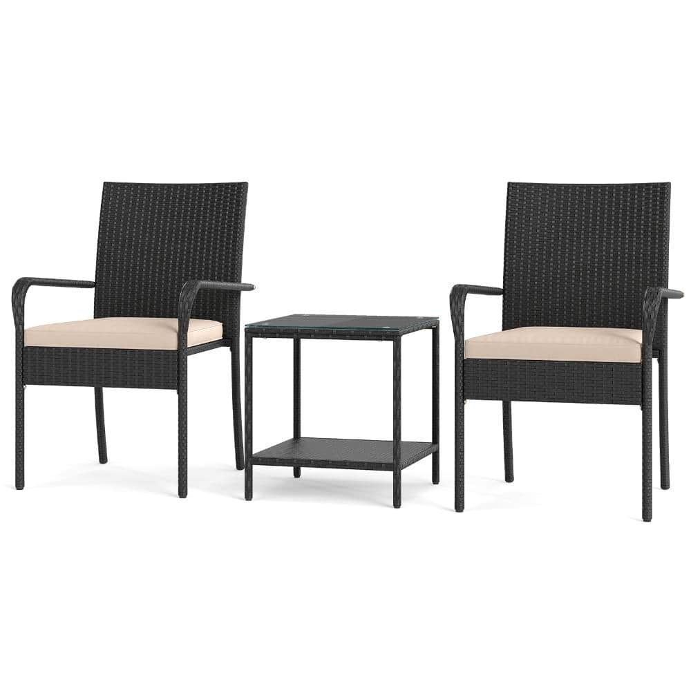 3-Piece PE Rattan Outdoor Patio Conversation Set with Tempered Glass Side Table and Cushions, Beige price history on PriceWatchPro
