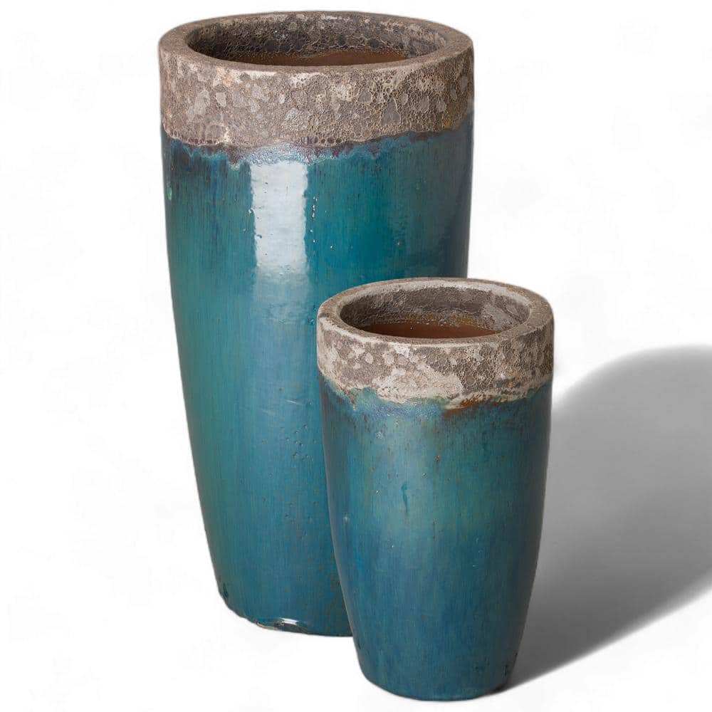 Teal and Gray Tall Ceramic Planter for Indoor/Outdoor Use